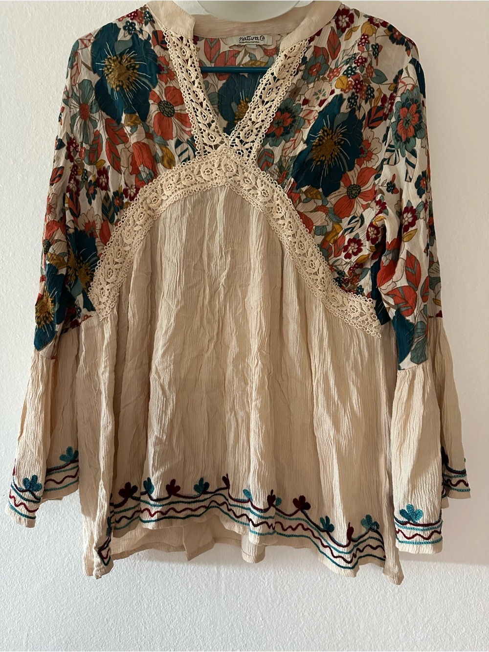 Natura designed in Portugal, long flared sleeve blouse, cream, medium floral